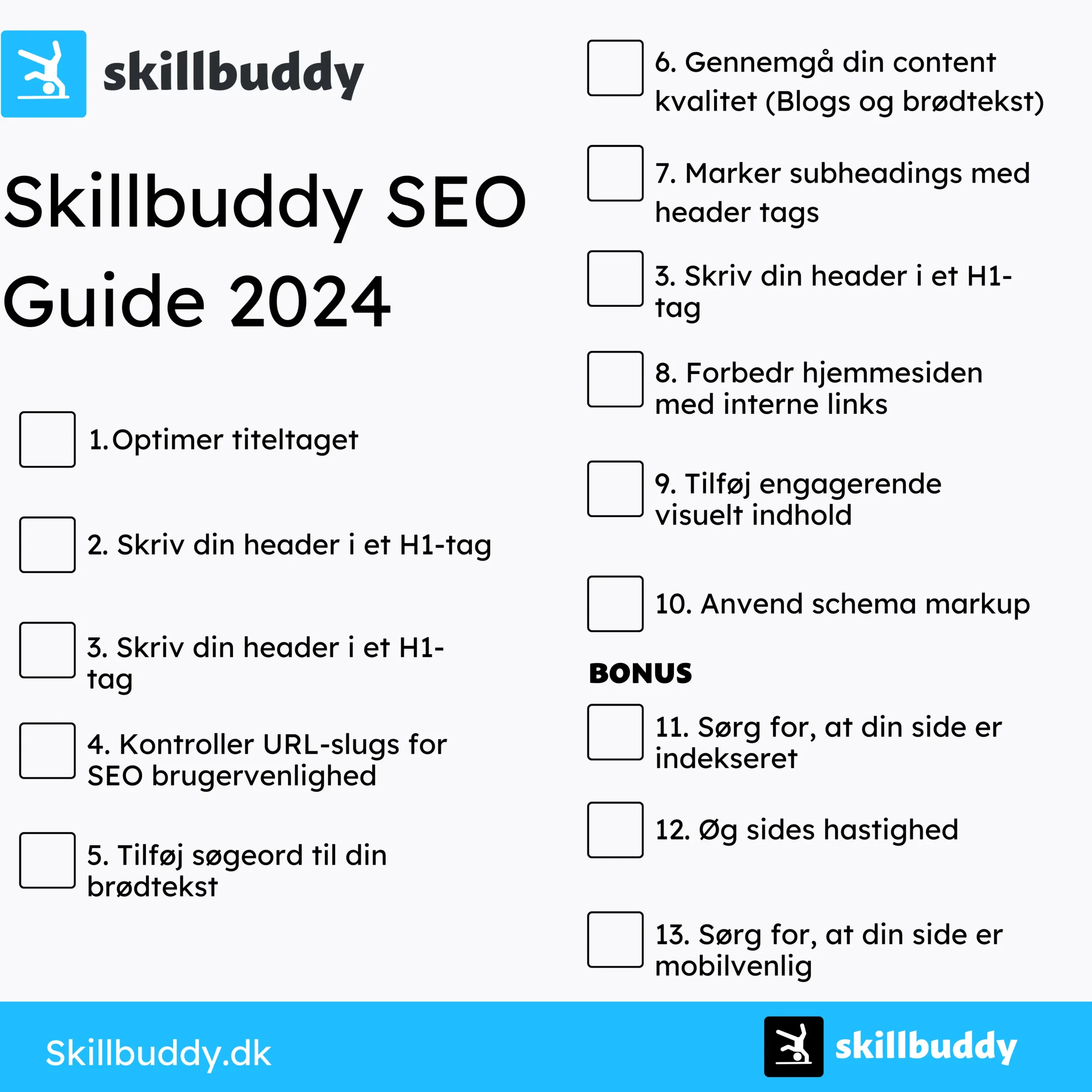 Skillbuddy's SEO guide for 2024 i form af en illustration, hvor man kan se firkanter man kan krydse af til sin SEO optimering