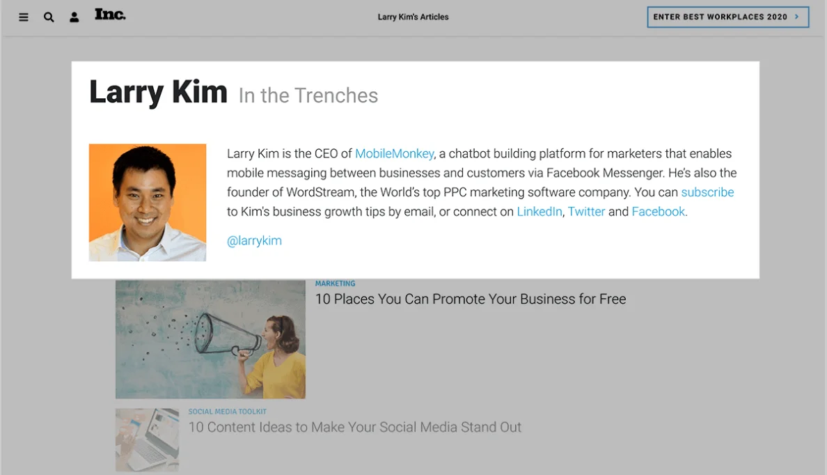 Larry Kim forfatter og udgivere af guest post på INC