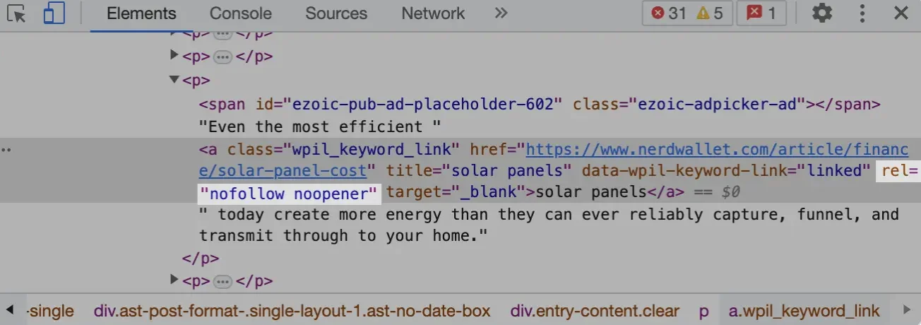 Et udsnit af kildekoden med nofollow noopener attributten