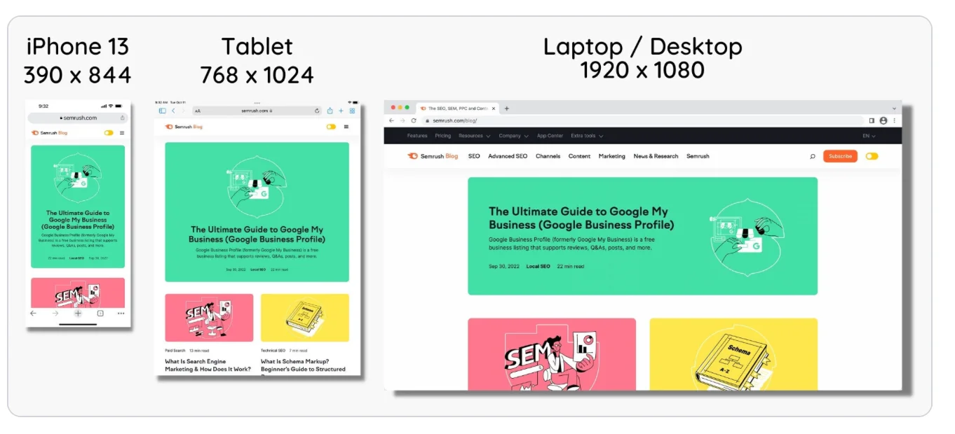Responsivt design eksempel fra semrush